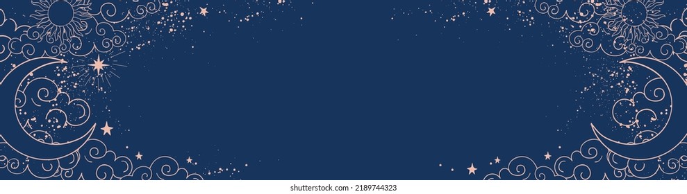 Banner de tarot azul cielo con luna creciente y estrellas. Fondo mágico con lugar para el texto, plantilla para adivinar la fortuna, diseño boho. Ilustración del espacio vectorial.