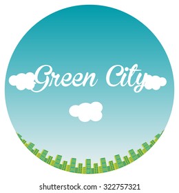 Blue sky with text and a green skyline