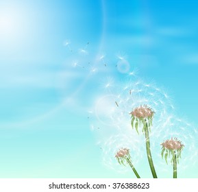 Blue sky and three dandelion. Vector illustration.