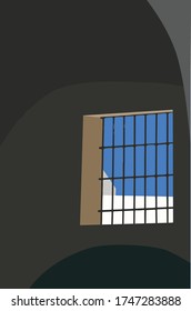 Blue sky through a barred window inside a building