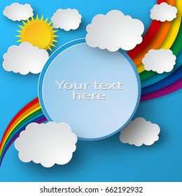 Blue sky vector background with clouds, sun and rainbow