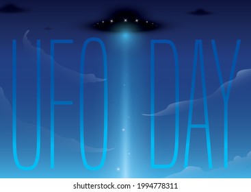
Blue sky view with dark spaceships with glowing light beams during UFO Day celebration.