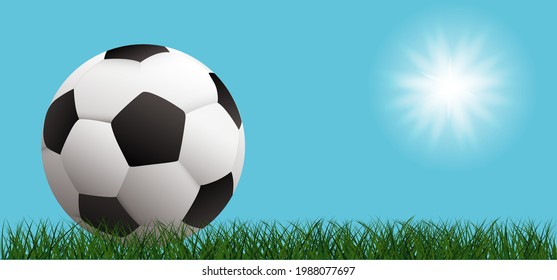 Blue sky view soccer border with sun on green football grass field. Soccer border, football grass field. Vector stadium, supporters background. wk, ek sport finale, sports game. Playground 2023, Qatar