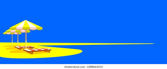 blue sky and water, yellow sand, umbrellas and trestle beds on the beach