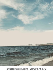 Blue sky wavy sea water, island landscape nature background. beautiful seascape colorful painting in watercolor style for canvas, cover, wallpaper, poster, travel, postcard, tourism
