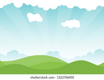 Blue sky with white cloud and green mountain landscape vector background.