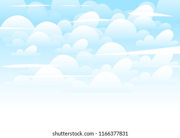 Blue sky with white clouds background. Flat cartoon style illustation.