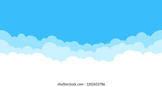 Blue sky with white clouds background. Border of clouds. Simple cartoon design. Flat style vector illustration. 