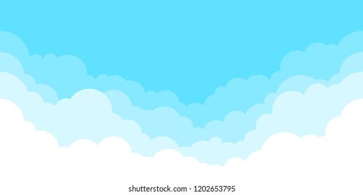 Blue sky with white clouds background. Border of clouds. Simple cartoon design. Flat style vector illustration. 