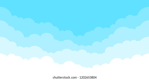 Blue sky with white clouds background. Border of clouds. Simple cartoon design. Flat style vector illustration. 