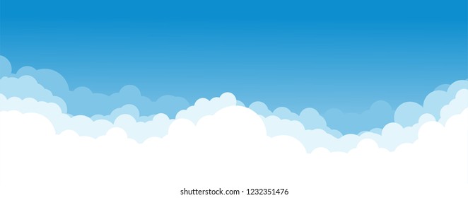 Blue sky with white clouds background. Border of clouds. Flat style vector illustration. Simple cartoon design. 