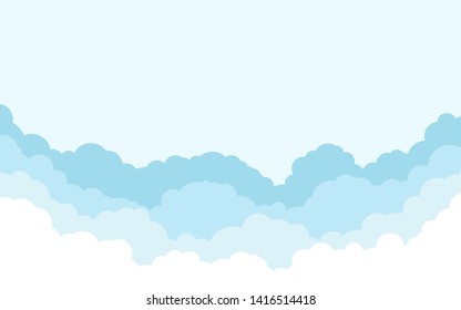 Blue sky with white clouds background. Cartoon flat style design. Vector illustration.