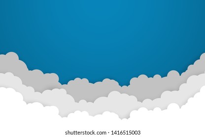 Blue sky with white clouds background. Cartoon flat style design. Vector illustration.
