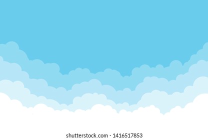 Blue sky with white clouds background. Cartoon flat style design. Vector illustration.