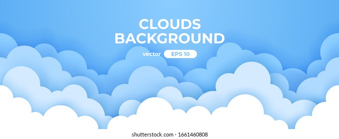 Blue sky with white clouds background. Seamless border of clouds. Paper cut. Simple cartoon design. Banner, poster, flyer template. Flat style vector eps10 illustration. 