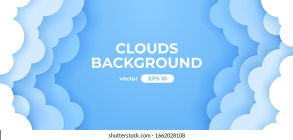 Blue sky with white clouds background. Border of clouds. Paper cut. Simple cartoon design. Banner, poster, flyer template. Flat style vector eps10 illustration. 