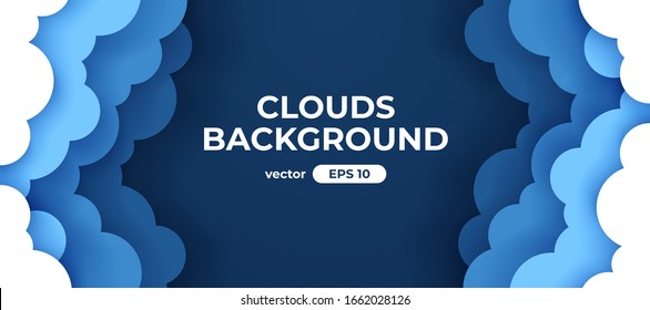 Blue sky with white clouds background. Border of clouds. Paper cut. Simple cartoon design. Banner, poster, flyer template. Flat style vector eps10 illustration. 