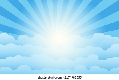 Blue sky and white clouds background. Sun rays. Vector illustration.