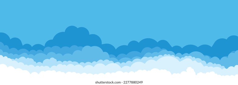 Blue sky with white clouds background. Cloud border. Simple cartoon design. Flat style vector illustration.