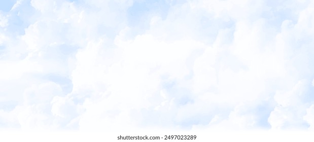 Blue sky and white clouds background with vector watercolor texture. Hand drawn watercolor banner. Heaven. Abstract template for flyers, cards, poster, cover. Landscape summer illustration.