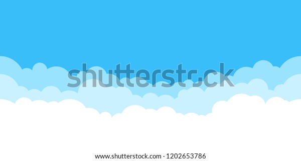 Blue sky with\
white clouds background. Border of clouds. Simple cartoon design.\
Flat style vector illustration.\
