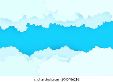 Blue sky and white clouds border in paper cut style. 3d papercut background with top view cloudy sky. Simple weather layered banner. Vector card illustration of cloudscape pastel colors