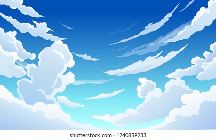 Blue sky with white clouds clear sunny day, landscape, background with clouds, vector illustration