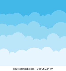 Blue sky with white clouds in flat style. Airy atmosphere vector illustration on isolated background. Nature sign business concept.
