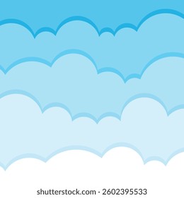 Blue sky with white clouds in flat style. Airy atmosphere vector illustration on isolated background. Nature sign business concept.