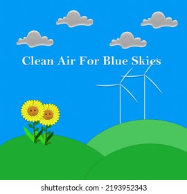 Blue sky with white clouds and flowers, as background or banner image, International Day of Clean Air for Blue Skies.