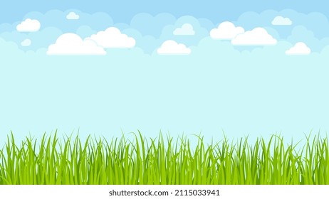 Blue sky with white clouds and green grass. Spring summer landscape, empty meadow. Beautiful flat nature vector banner template