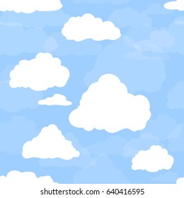 Blue sky with white clouds. Hand drawn seamless pattern. Vector illustration in cartoon style.