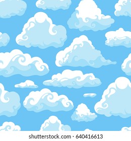 Blue sky with white clouds. Hand drawn seamless pattern. Vector illustration in cartoon style.