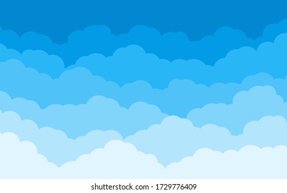 Blue Sky With White Clouds Landscape Background. Border Of Cloud Flat Cartoon Style. Cloudy Heaven Scene Layered Effect. Design Panorama For Banner, Poster, Flyer, Card, Web Design Vector Illustration