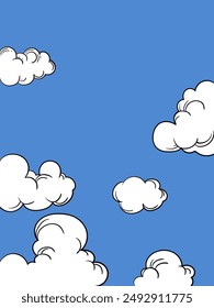 Ilustración vectorial de fondo azul con nubes blancas. Día soleado, concepto de estilo de dibujos animados vintage.