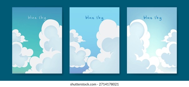 Cielo azul con nubes blancas sobre fondo de Ilustración vectorial de día soleado. Día de la naturaleza de la escena de dibujos animados en verano.