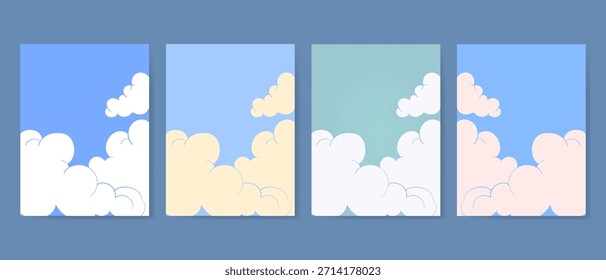 Cielo azul con nubes blancas sobre fondo de Ilustración vectorial de día soleado. Día de la naturaleza de la escena de dibujos animados en verano.