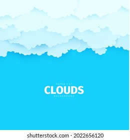 Blue sky and white clouds in paper cut style. 3d papercut background with top view cloudy sky. Simple weather layered banner. Vector card illustration of cloudscape pastel colors
