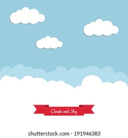 Blue sky with white clouds and a red ribbon. 