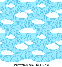 Blue sky with white clouds. Seamless pattern. Hand drawn illustration with swirls