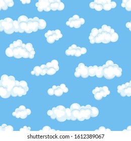 Blue sky and white clouds seamless pattern. Vector illustration. Simple flat style.