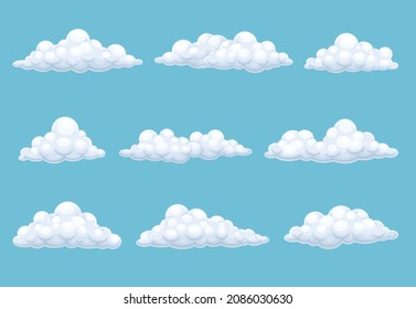 Cielo azul con nubes blancas. Conjunto de ilustración vectorial de nubes onduladas