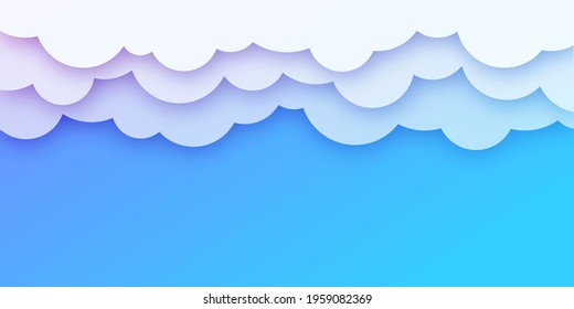 Blue sky with white clouds Simple cartoon Sky and Clouds vector border Background design. Flat cute style vector illustration. Stylish design for a flat poster, flyers, postcards, web banners.