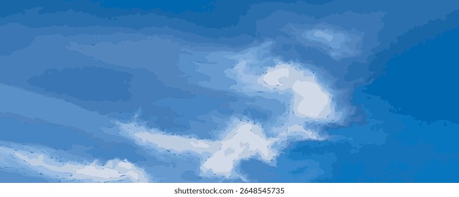 Blue sky with white clouds, summer cloudy clear sky texture background, heaven watercolor vector imitation in cartoon style
