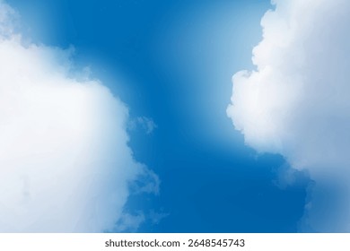 Blue sky with white clouds, summer cloudy clear sky texture background, heaven watercolor vector imitation in cartoon style
