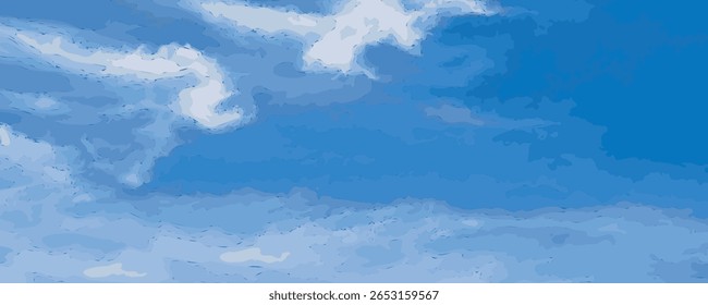 Blue sky with white clouds, summer cloudy clear sky texture background, heaven watercolor vector imitation in cartoon style