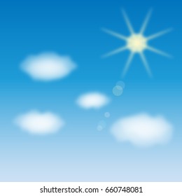 Blue sky with white clouds and sun, vector