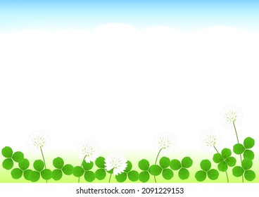 Blue sky and white clover flowers and leaves background