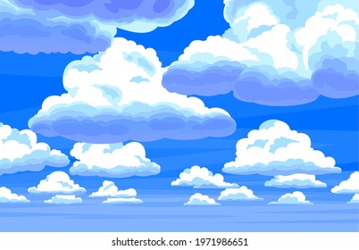 Blue sky with white cumulus clouds.