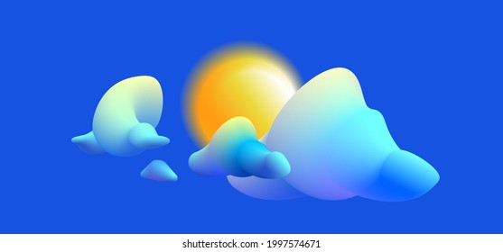 Blue sky, white cumulus volumetric clouds and yellow sun, 3d style. Minimalistic vector background. Template banner and print advertising etc.